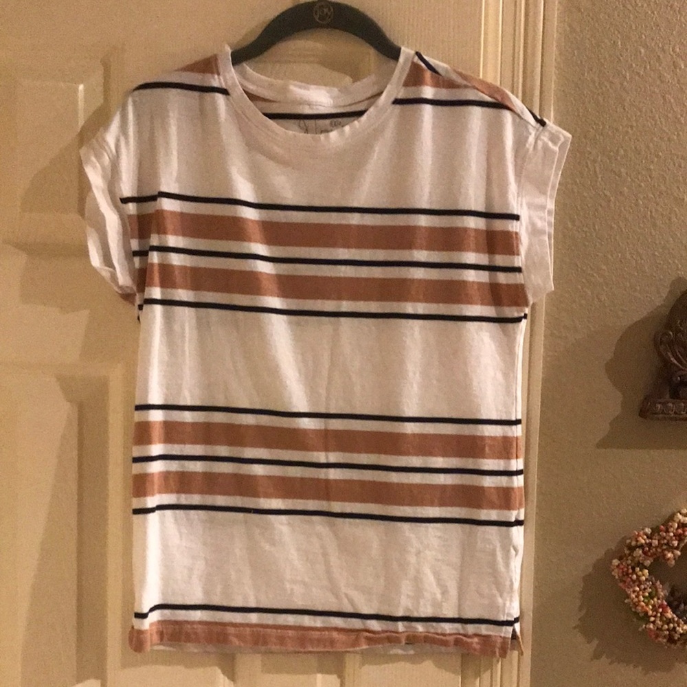 Joie White Stripe Tee with Tan & Navy Lines size SP